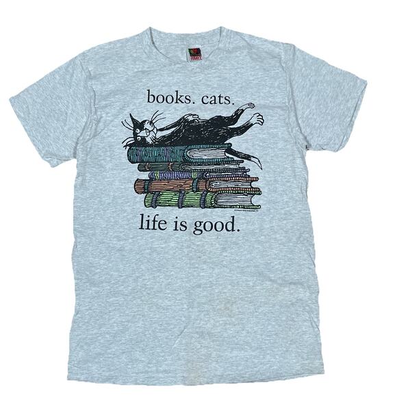 VintGe 90s Edward Gorey T-Shirt Books Cats Life Is Good Size Medium Grey - Picture 1 of 10